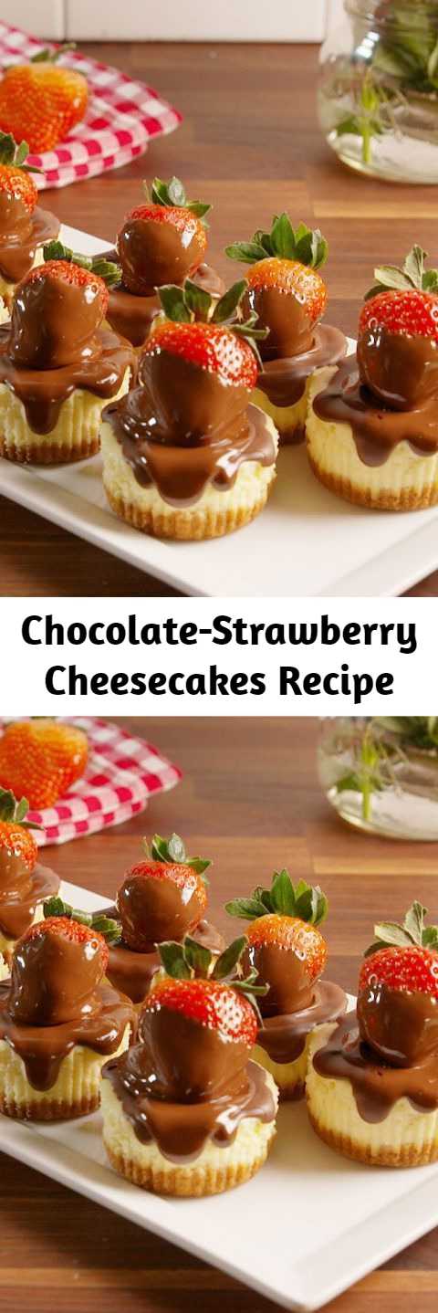 Chocolate-Strawberry Cheesecakes Recipe - Chocolate-covered strawberries + cheesecake = OMG. #easy #recipe #chocolate #strawberry #cheesecake #bites #mini #dessert #valentinesday #valentines #crust