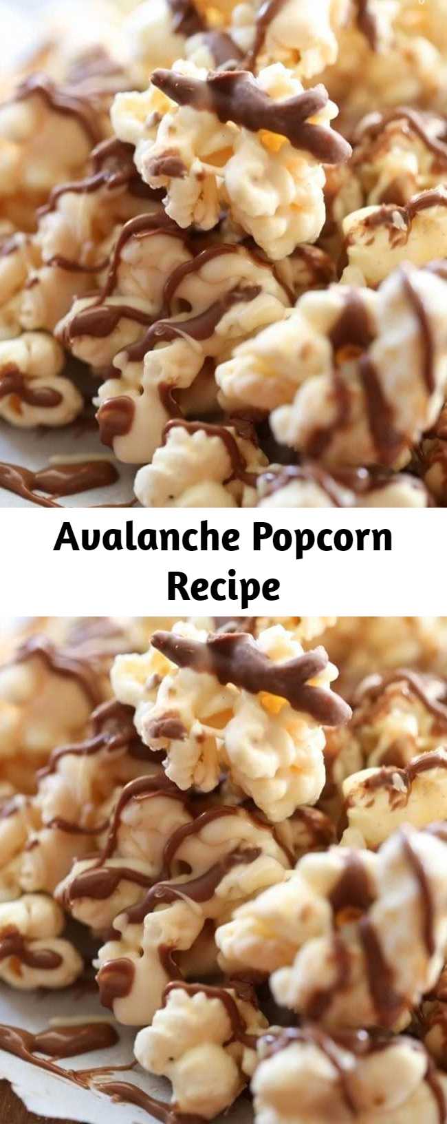 Avalanche Popcorn Recipe - A delicious and addictive snack! Just the right hint of peanut butter and chocolate to make this one popcorn recipe you will want to make over and over again! It is heavenly!