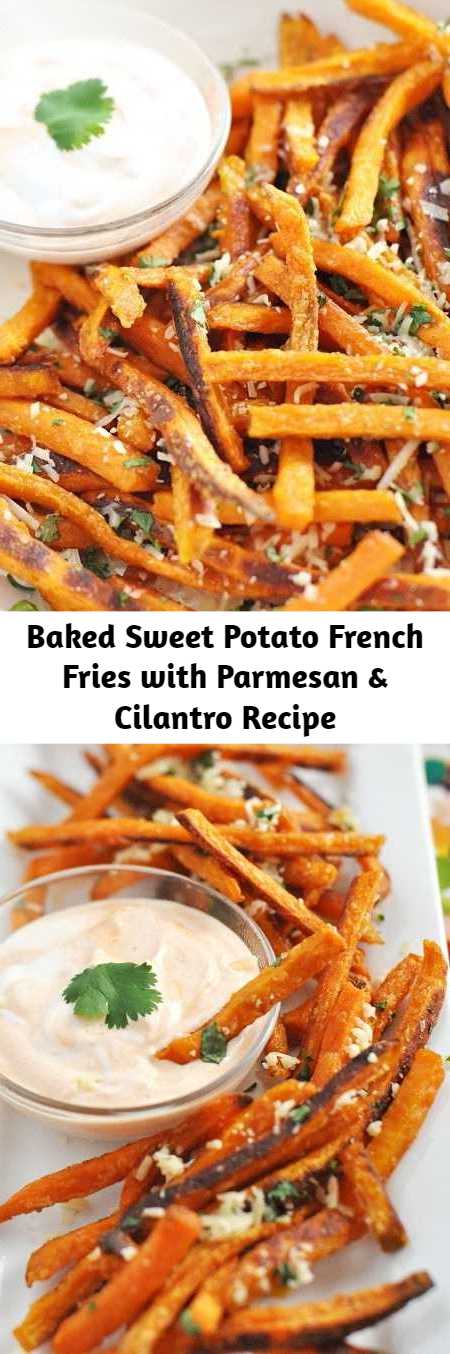 Baked Sweet Potato French Fries with Parmesan & Cilantro Recipe - These sweet potato fries will change your life. I’m serious! They are salty-sweet, crunchy, and spicy if you wish. Baked sweet potato fries have been one of my favorite snacks. These crispy fries beat their fast-food fried Russet cousins in simplicity and ease. They require fewer cooking steps because they’re baked rather than fried.