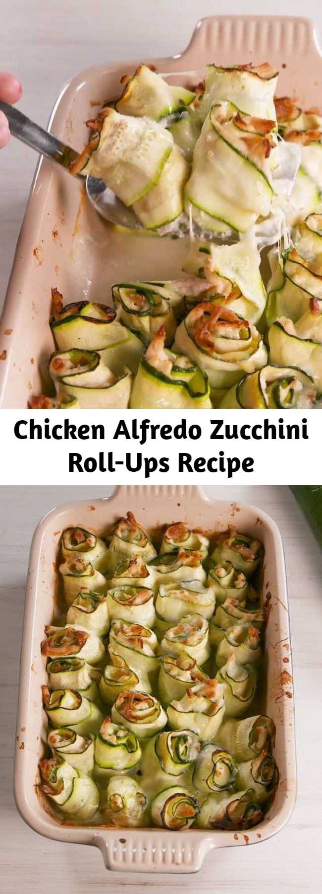 Chicken Alfredo Zucchini Roll-Ups Recipe - Bite-size everything! #food #easyrecipe #dinner #familydinner #healthyeating