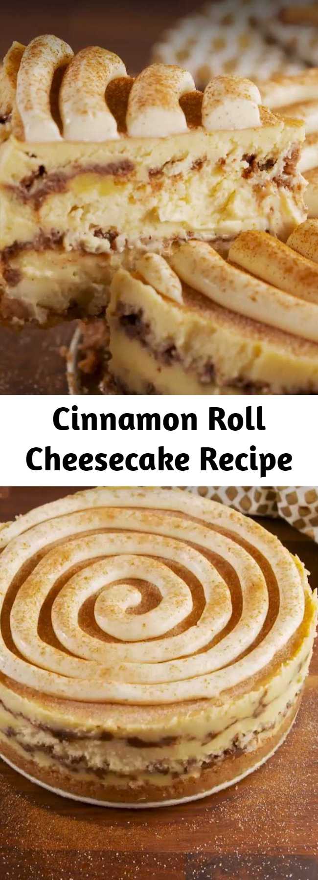 Cinnamon Roll Cheesecake Recipe - The inside of this cheesecake though. #easyrecipe #dessert #cheesecake #baking