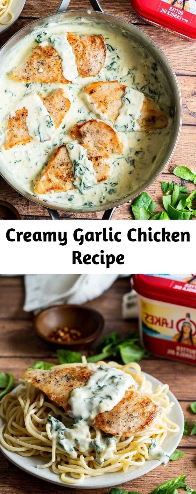 Creamy Garlic Chicken Recipe - This Creamy Garlic Chicken Recipe with spinach in a creamy parmesan cheese sauce is delicious over hot pasta.