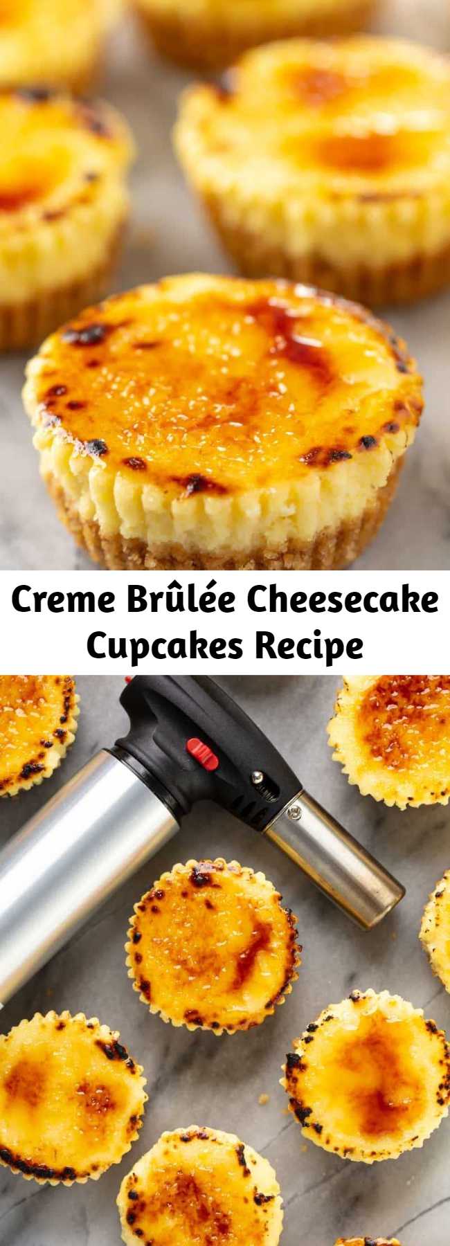 Creme Brûlée Cheesecake Cupcakes Recipe - All of the delicious flavors of creme brûlée in an easy to make mini cheesecake cupcake. You'll love these delicious little single serve desserts! #cheesecake #dessertrecipe