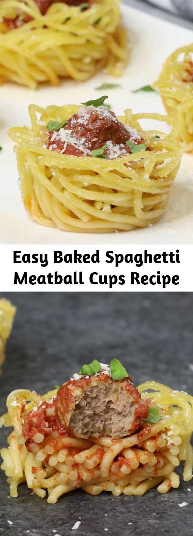 Easy Baked Spaghetti Meatball Cups Recipe - Baked Spaghetti and Meatball Cups are a flavorful bite-size appetizer that's fun to make and share, plus they're a fabulous way to use up leftover spaghetti. All you need is some pasta sauce, meatballs, parmesan cheese and an optional egg to hold them together. Easy to make ahead of time for a party.
