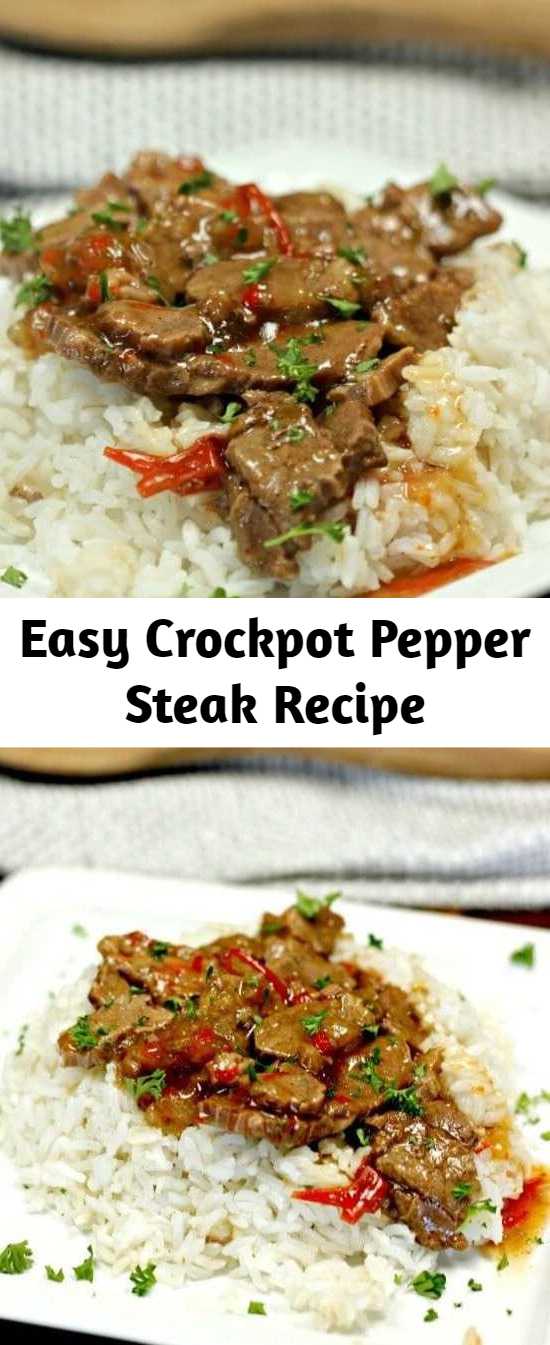 Easy Crockpot Pepper Steak Recipe - Looking for an easy crock pot recipe? This Crockpot Pepper Steak Recipe is delicious! Easy pepper steak recipe tastes amazing in the crock pot. Try this crock pot Chinese pepper steak recipe today! #crockpotrecipes #slowcookerrecipes #crockpot #slowcooker #beefrecipes #recipes