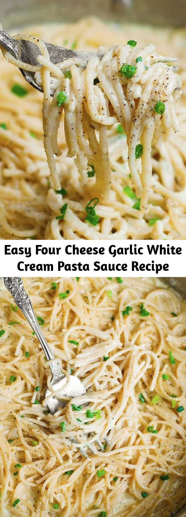 Easy Four Cheese Garlic White Cream Pasta Sauce Recipe - Simple ingredients, easy cooking instructions.  This Creamy Garlic Spaghetti Sauce uses the 4-cheese blend which includes Mozzarella, White Cheddar, Provolone, Asiago cheeses.  This white cheese creamy pasta can be served as is, as side dish, or with grilled meats and veggies.  Super versatile and easy-to-make!