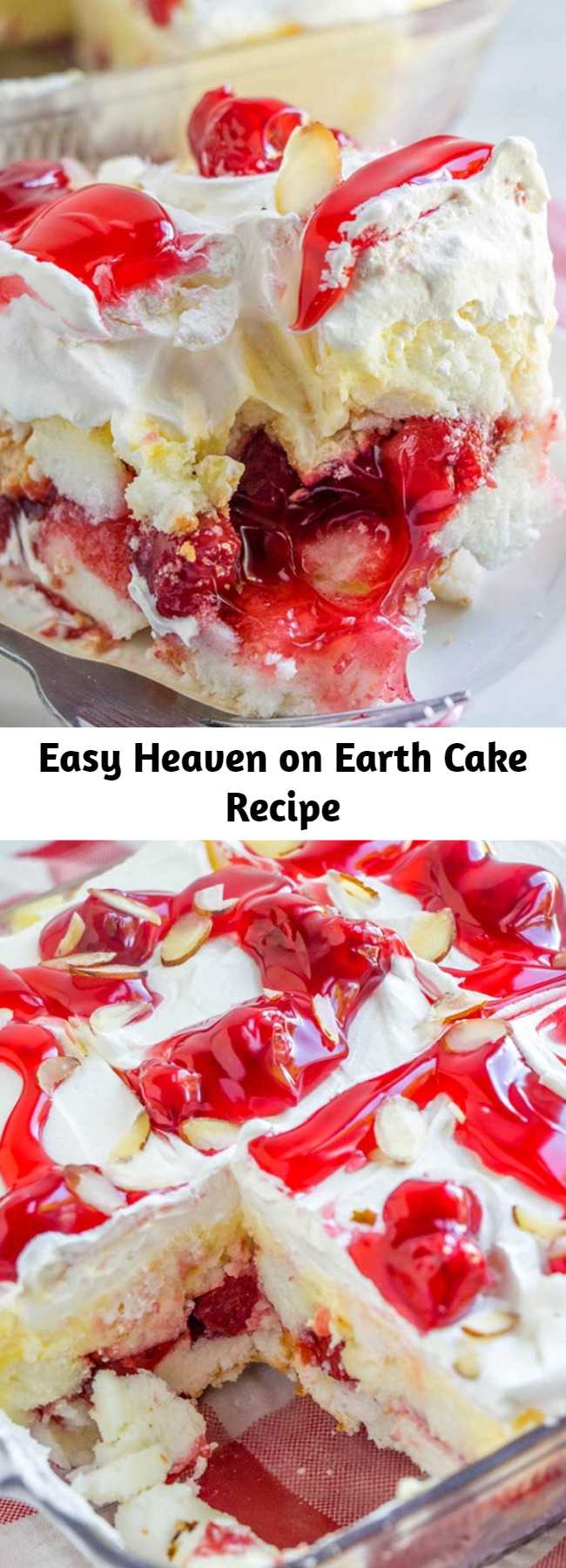 Easy Heaven on Earth Cake Recipe - Heaven on Earth Cake with delicious layers of angel cake, sour cream pudding, cherry pie filling, whipped topping, and almonds. Creamy and decadent, this cherry trifle is a sure crowd pleaser! #dessert #nobake #iceboxcake #triflecake #refrigeratorcake #cherries #easyrecipe #sweets