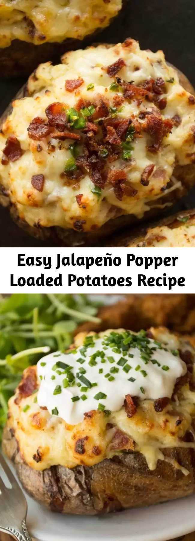 Easy Jalapeño Popper Loaded Potatoes Recipe - When two worlds collide - Twice Baked Potatoes loaded with a creamy dreamy Jalapeño Popper filling. Food comas have never been more delicious! #jalapeno #jalapenopopper #potato #bakedpotato #loadedpotato