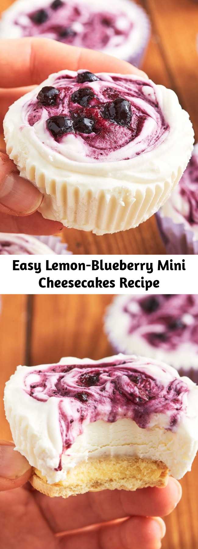 Easy Lemon-Blueberry Mini Cheesecakes Recipe - Mini cheesecakes, MASSIVE flavor. These Lemon Blueberry Mini Cheesecakes are the perfect tiny dessert to satisfy your sweet tooth without going overboard. #lemon #blueberry #lemonblueberry #cheesecakes #minidesserts #cheesecakedesserts #partydesserts