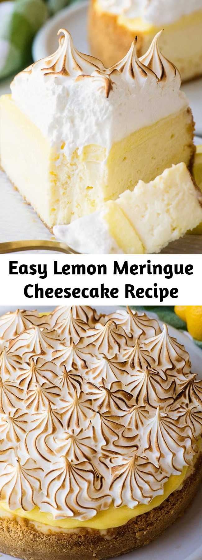 Easy Lemon Meringue Cheesecake Recipe - This Lemon meringue pie cheesecake is decadent and rich – a lemon cheesecake with a ribbon of homemade lemon curd running through the middle, another layer of lemon curd spread across the top. Baked in a Lemon cookie crumb crust and topped with a fluffy toasted meringue every bite is amazing. #dessert #holidayrecipes #Lemonmeringue #cheesecake #partytreats