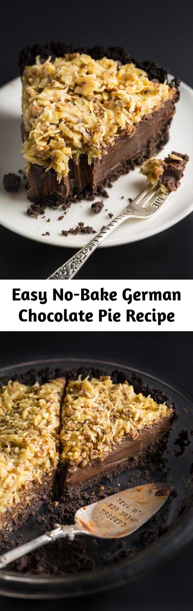 Easy No-Bake German Chocolate Pie Recipe - An easy and indulgent No-Bake German Chocolate Pie Recipe! Featuring a chocolate cookie crust, decadent chocolate filling, and coconut pecan topping, this sinfully sweet pie is always a hit! Perfect for those days it’s too hot to bake!