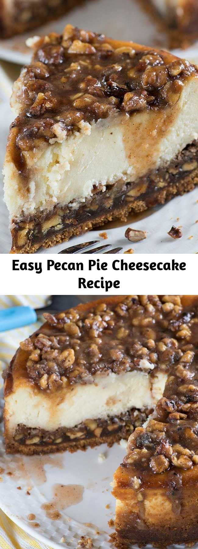 Easy Pecan Pie Cheesecake Recipe - This dreamy Pecan Pie Cheesecake is the perfect Thanksgiving treat. A combination of classic pecan pie and creamy cheesecake makes a tasty twist of two traditional treats!