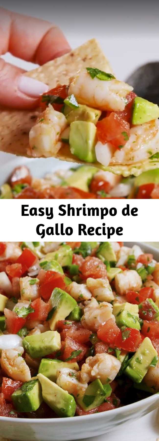Easy Shrimpo de Gallo Recipe - Once you try this Shrimpo de Gallo, you'll never go back to pico. #shrimp #tomato #avocado #dip #partyapps #fiesta #seafoodappetizers
