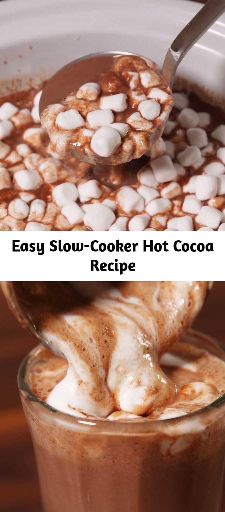Easy Slow-Cooker Hot Cocoa Recipe - Slow-cooker hot cocoa is the best way to keep your family warm this winter. #easy #recipe #slowcooker #crockpot #family #forkids #bigbatch #hotchocolate #cocoa #chocolate #marshmallows #whippedcream