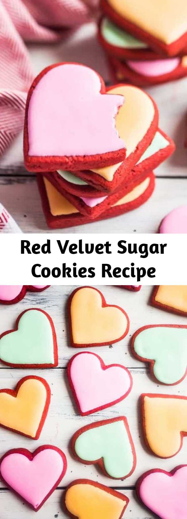 Red Velvet Sugar Cookies Recipe - These red velvet sugar cookies will make your day! Soft & tender, fun & brightly colored, with a hint of cocoa & a slight cream cheese tang. #redvelvet #cookies #recipe #dessert #valentinesday #fromscratch #easy #christmas #withcreamcheese #valentinesday #cutout #homemade #best #chewy #soft #heart #simple #decorated #moist #creamcheese #nochill #sugar