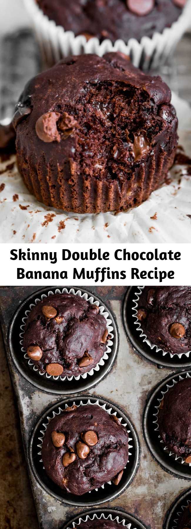 Skinny Double Chocolate Banana Muffins Recipe - Healthy double chocolate banana muffins made with whole grains and greek yogurt. No added sugar so you can feel good having chocolate for breakfast!