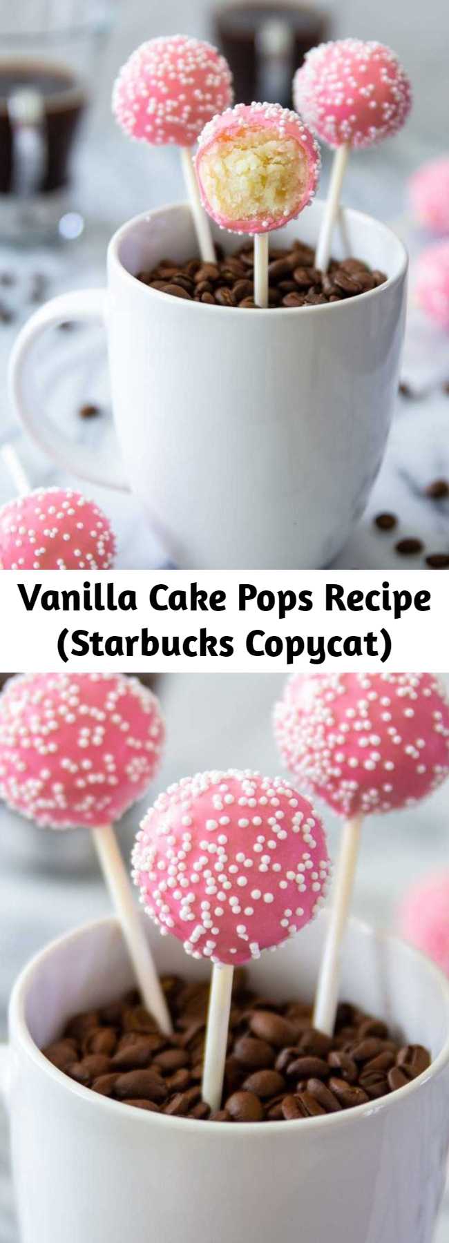 Vanilla Cake Pops Recipe (Starbucks Copycat) - This cake pops recipe is a copycat of Starbucks' birthday cake pop. This little treat is a combination of vanilla cake, frosting, and pink candy coating. The best foolproof cake pop recipe ever. #cakepops #vanillacakepops #starbuckscakepops #starbuckscopycat #bestcakepoprecipe