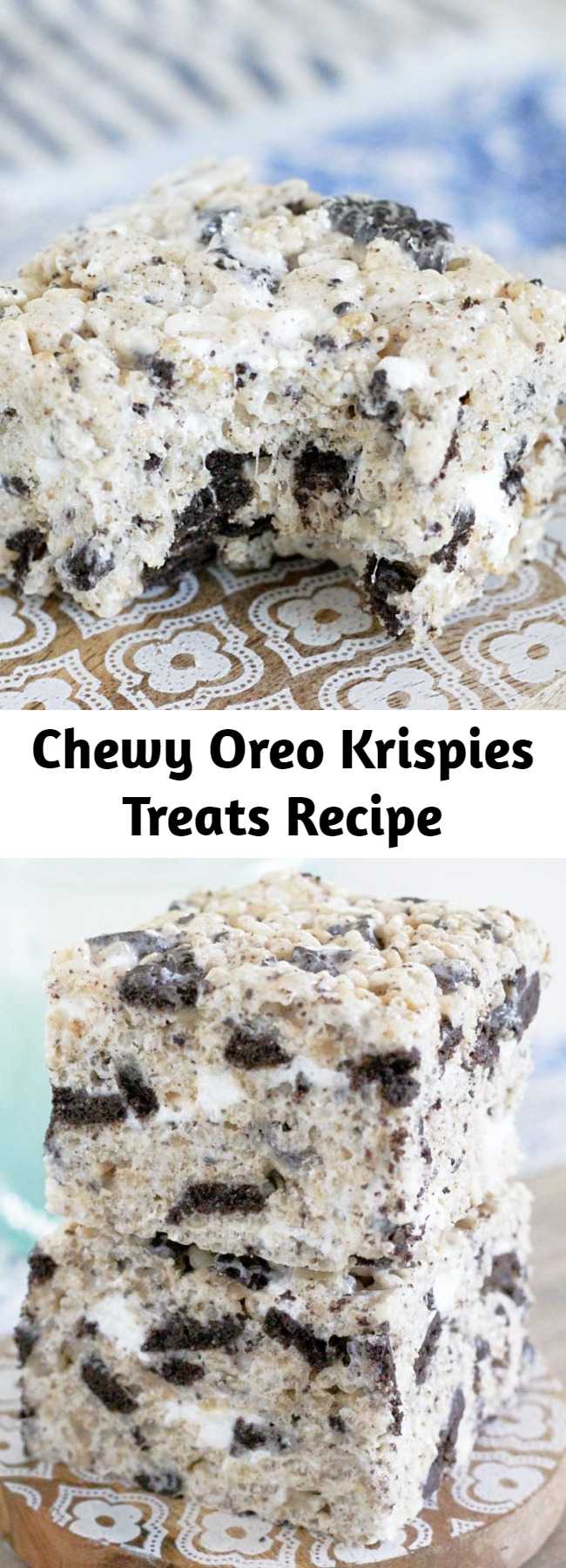 Chewy Oreo Krispies Treats Recipe - This is the classic Krispie treat recipe on steroids with the addition of crushed OREO cookies. Thick, chewy and completely irresistible. #ricekrispietreats #oreokrispies
