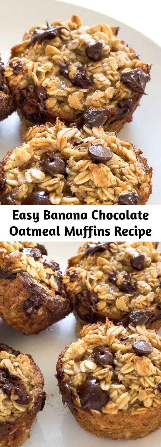 Easy Banana Chocolate Oatmeal Muffins Recipe - Healthy Banana Chocolate Chip Oatmeal Muffins. Made with honey, oats, bananas, coconut oil and chocolate chips! A freezer friendly breakfast or snack!
