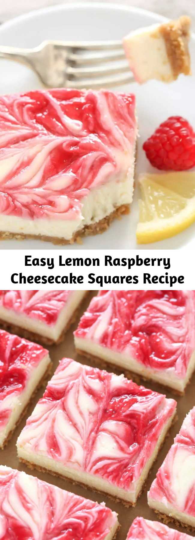 Easy Lemon Raspberry Cheesecake Squares Recipe - These Lemon Raspberry Cheesecake Squares feature a creamy lemon cheesecake filling with a raspberry swirl topped on a homemade graham cracker crust.
