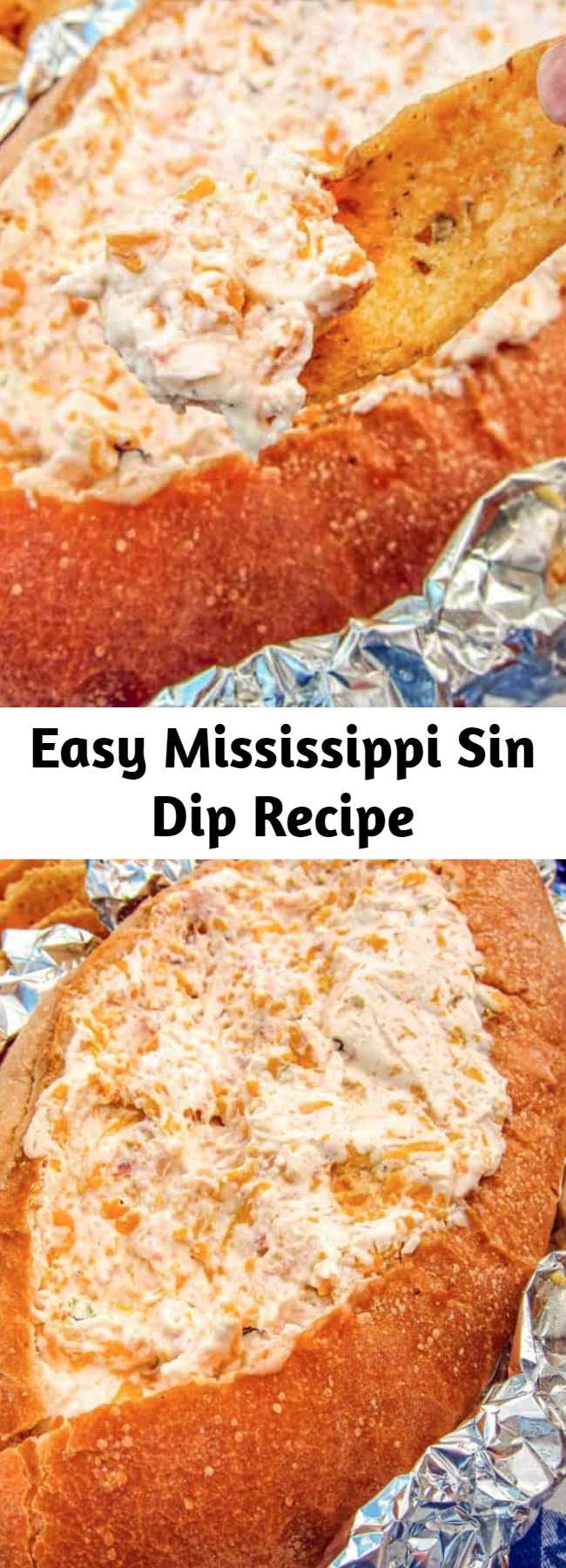 Easy Mississippi Sin Dip Recipe - ham, sour cream, cream cheese cheddar and ham baked in a bread bowl - SINFUL! There is never any left when I take this to a party! Everyone asks for the recipe. What's not to love???