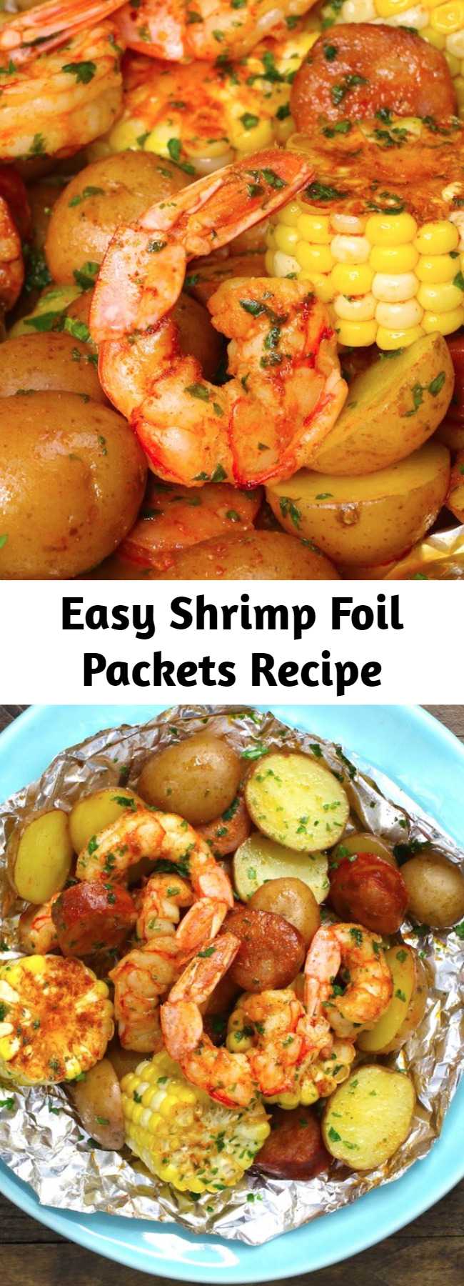 Easy Shrimp Foil Packets Recipe - These Shrimp Boil Foil Packs are full of juicy shrimp, sausage, corn and potatoes with Cajun seasoning and fresh lemon. You can grill them on the bbq or bake in the oven. These shrimp foil packets are an easy dinner that’s also fun to make for a party!
