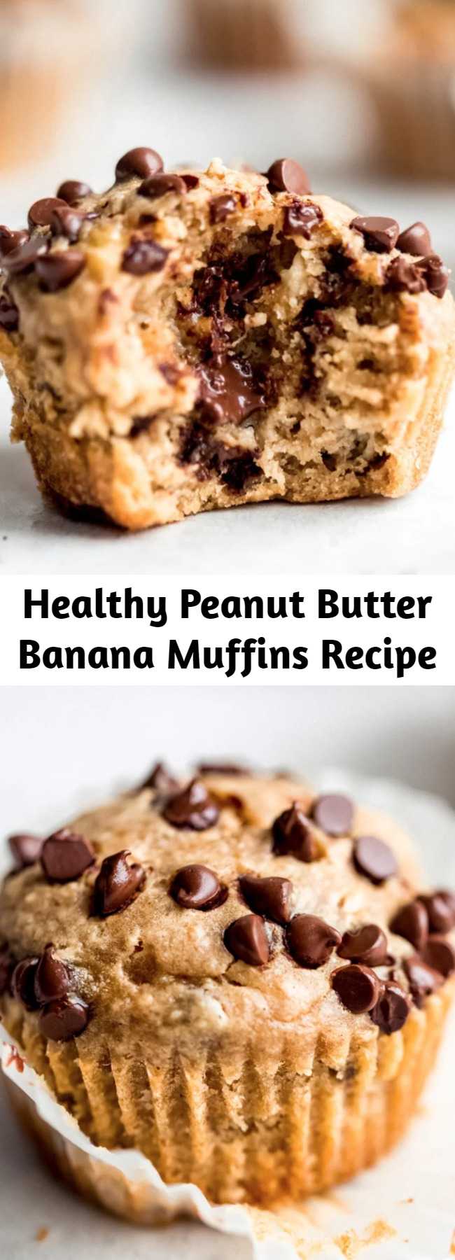 Healthy Peanut Butter Banana Muffins Recipe - The BEST peanut butter banana muffins that are packed with protein and peanut butter flavor. Naturally sweetened with pure maple syrup, gluten free thanks to oat flour and a great on-the-go healthy breakfast or snack. Try them with mini chocolate chips! #glutenfree #glutenfreesnack #dairyfree #kidfriendly #kidfood #muffins #muffinrecipe #peanutbutter #healthysnack