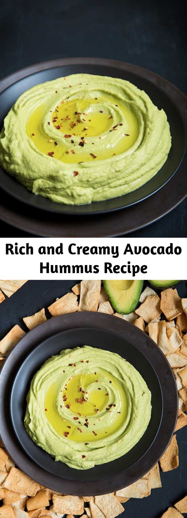 Rich and Creamy Avocado Hummus Recipe - This is the best hummus! It's rich and creamy and packed with that irresistible avocado flavor. Think hummus meets guacamole, I mean what more could you want? Perfect dip for veggies or pita chips or as a spread for your favorite sandwiches.