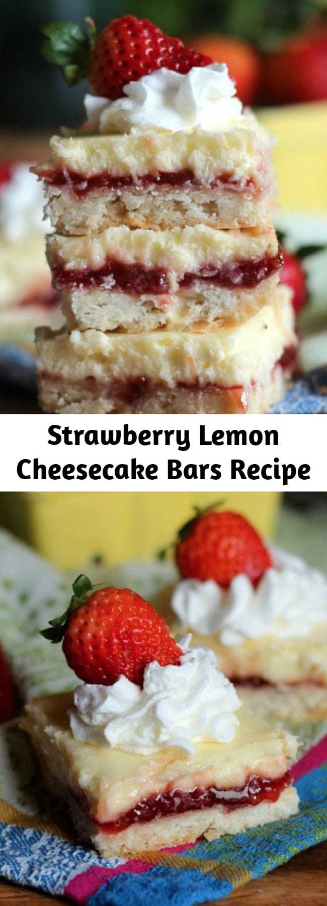 Strawberry Lemon Cheesecake Bars Recipe - Thick buttery graham cracker crust topped with lemon strawberry-swirled filling to make these delicious Strawberry Lemon Cheesecake Bars! Chill them for a tasty summer dessert!