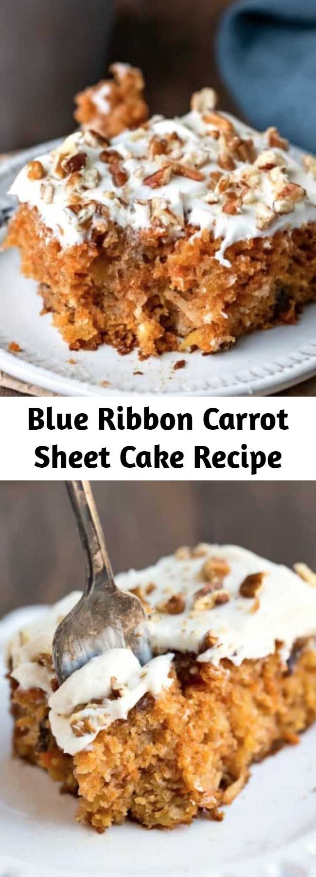 Blue Ribbon Carrot Sheet Cake Recipe - Best carrot cake recipe! Super moist, super delicious. Blue Ribbon Carrot Sheet Cake is a moist carrot sheet cake recipe that's topped with both a buttermilk glaze and rich cream cheese frosting!