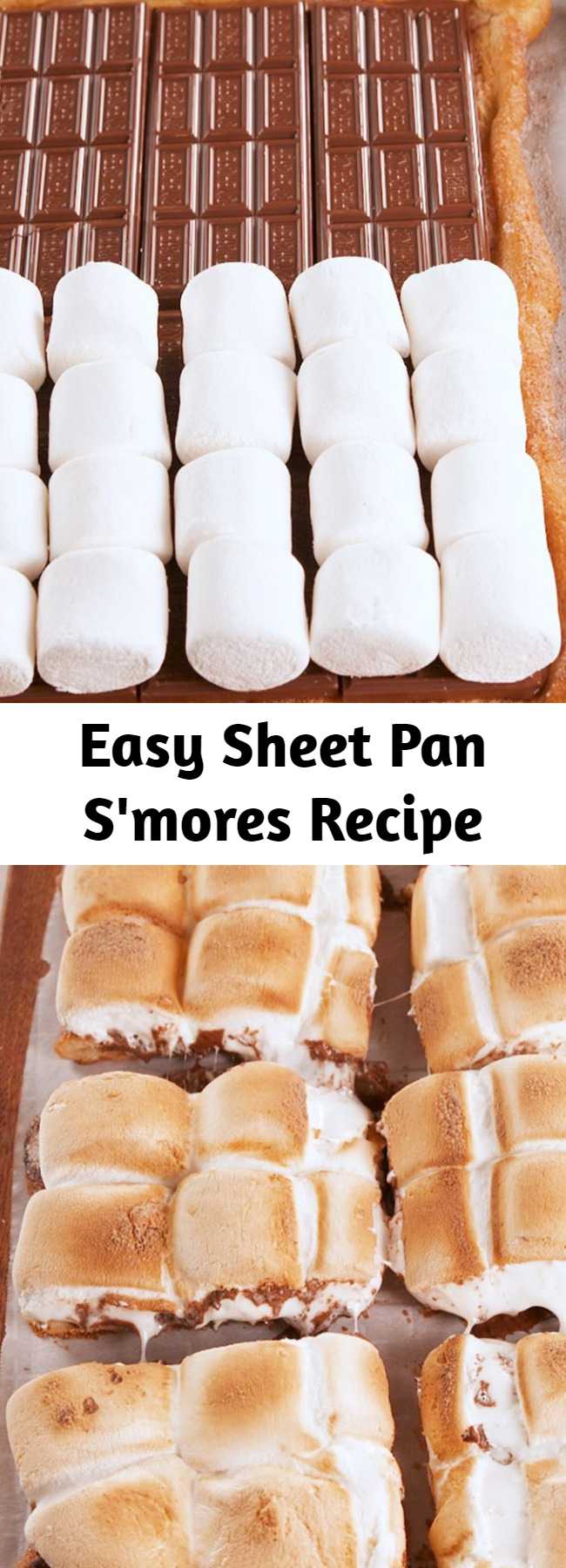 Easy Sheet Pan S'mores Recipe - The only problem we had with s'mores is that we couldn't eat them 365 days a year. Enter: Sheet Pan S'mores. S'mores all day, everyday. It's the best way to serve s'mores to a crowd, too. #easy #recipe #sheetpansmores #smores #summerrecipes #summerdessert #summerparty #memorialdaydessert #fourthofjuly