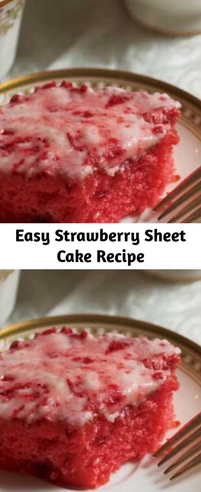 This pink cake with mashed sweetened strawberries and strawberry jello just tastes like summertime.