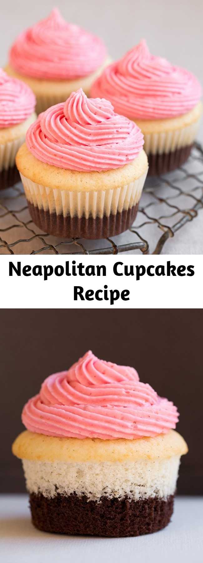 Neapolitan Cupcakes Recipe - A luscious and impressive cupcake with three irresistible flavors in one - a milk chocolate cupcake, a fluffy vanilla bean cupcake and strawberry buttercream frosting. This is easily the most unique cupcake recipe I’ve made to date!