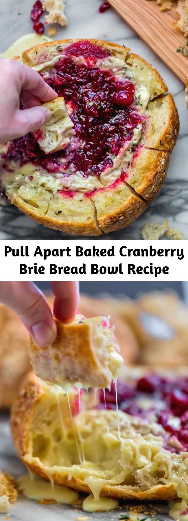 Pull Apart Baked Cranberry Brie Bread Bowl Recipe - This tear apart Baked Cranberry Brie Bread Bowl is a beautiful holiday party appetizer. Melty brie and sweet tart cranberry sauce are a match made in heaven! Great Appetizer for New Years Eve, or Christmas Dinner! #bakedbrie #breadbowl #appetizer #bread #thanksgiving #thanksgivingrecipes #holiday #holidayrecipe #cranberry #brie #recipe #easyrecipe #christmasrecipe #newyearsrecipe