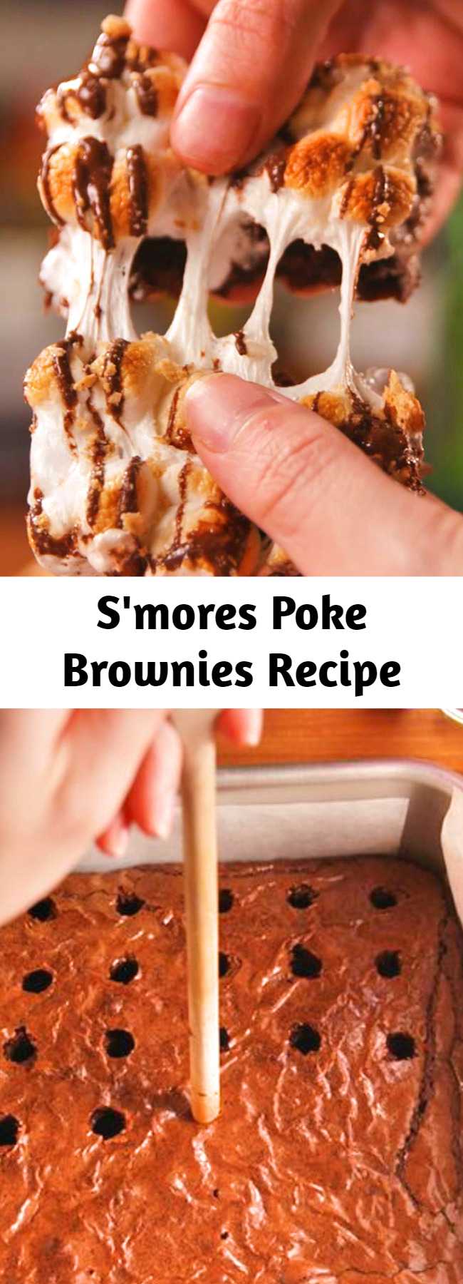 S'mores Poke Brownies Recipe - Just when we thought we had seen every type of s'more possible this one blew us away. Brownies get poked AND topped with marshmallows and then drizzled with chocolate. We are in love.
