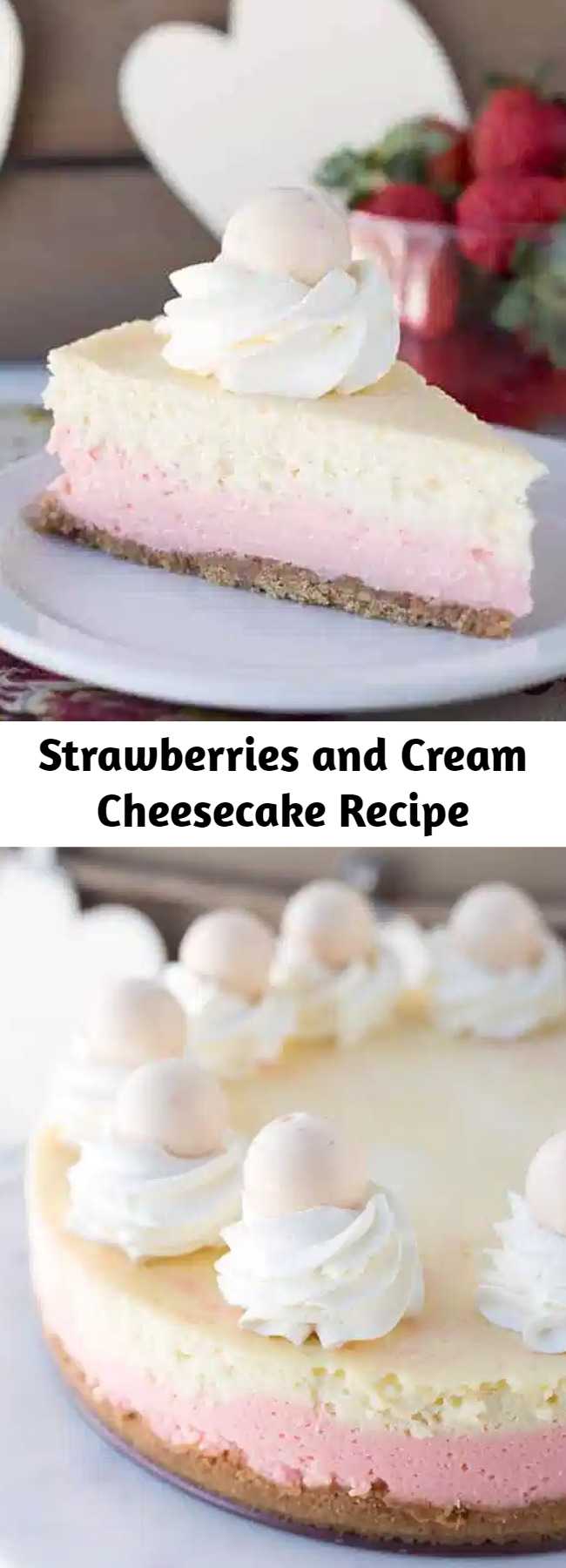 Strawberries and Cream Cheesecake Recipe - This cheesecake is packed full of flavor! There's a cookie crust, pink strawberry cheesecake layer, vanilla cheesecake layer, strawberries and cream truffles baked inside the cheesecake and topped with whipped cream and more strawberries and cream truffles! This is the perfect Valentine's Day cheesecake! #cheesecake #cheesecakerecipes #dessertrecipes #strawberries