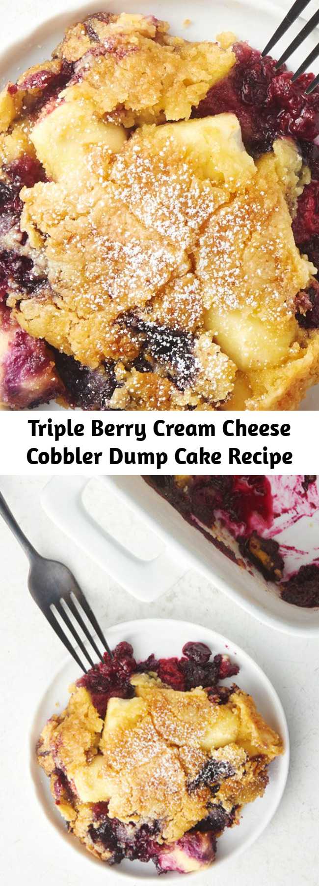 Triple Berry Cream Cheese Cobbler Dump Cake Recipe - When a fresh berry cobbler meets an easy dump cake, the end result is pure magic. Raspberries, blueberries and blackberries get mixed with cream cheese and cake mix for an easy dessert that's no-fuss and totally delicious.
