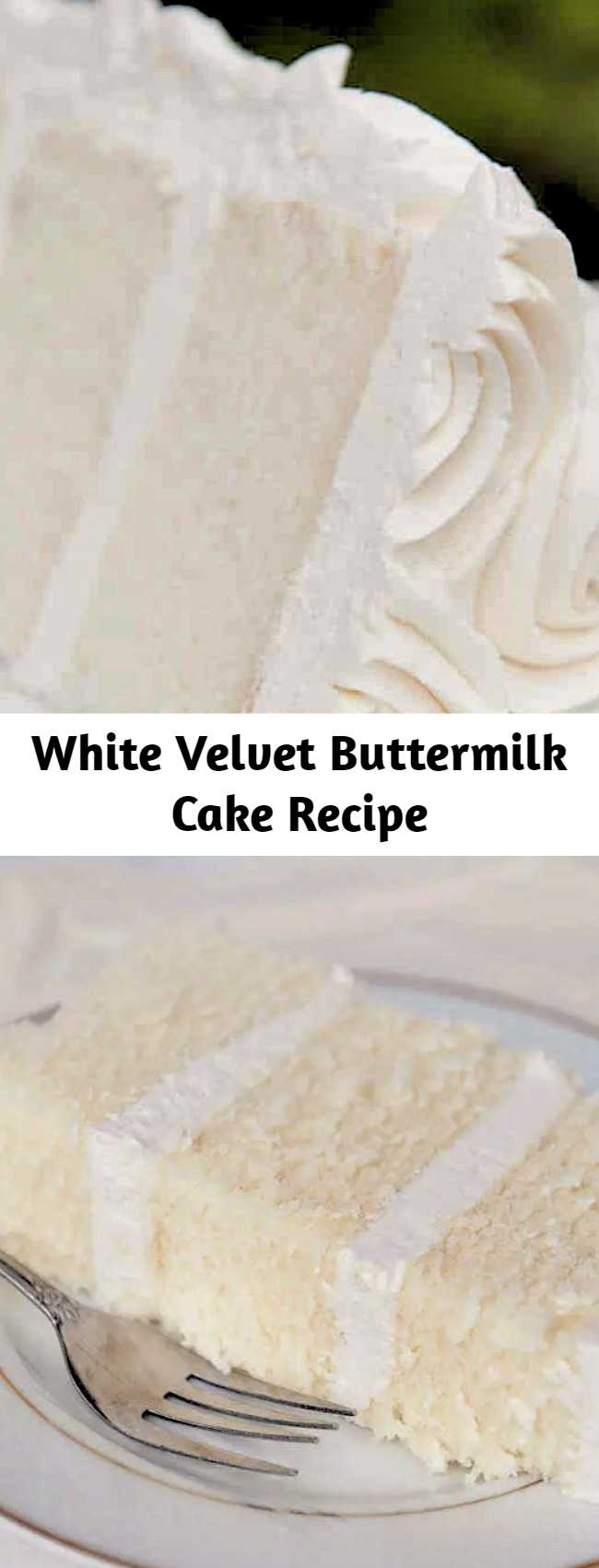 White velvet cake gets it's flavor and velvety texture from buttermilk. A moist, tender cake that is great for any special occasion. This recipe makes two 8" round cakes about 2" tall. Bake at 335F for 30-35 minutes until a toothpick comes out cleanly.