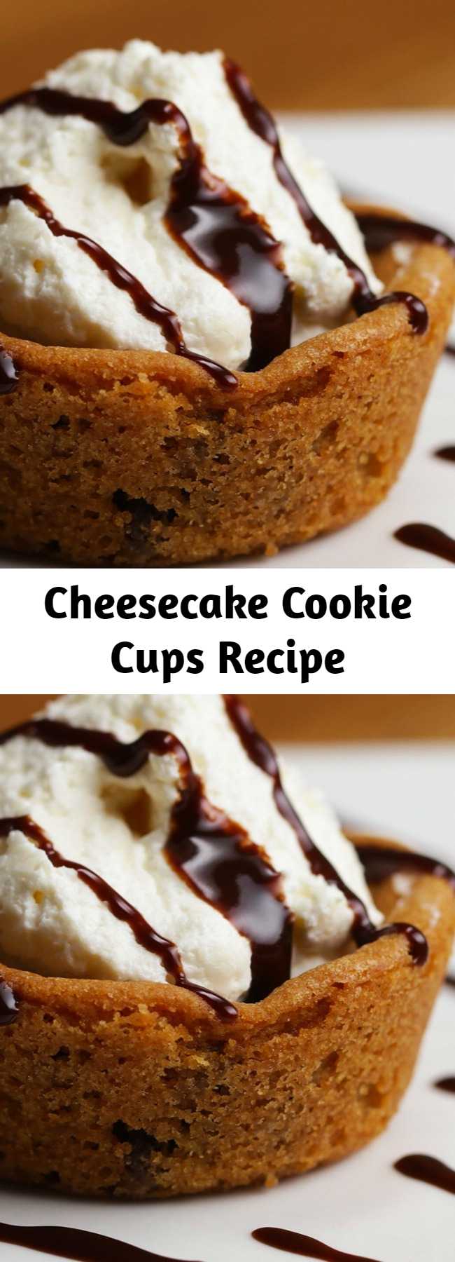 Cookie cups hold a rich cheesecake filling. Impressive, yet ridiculously easy!