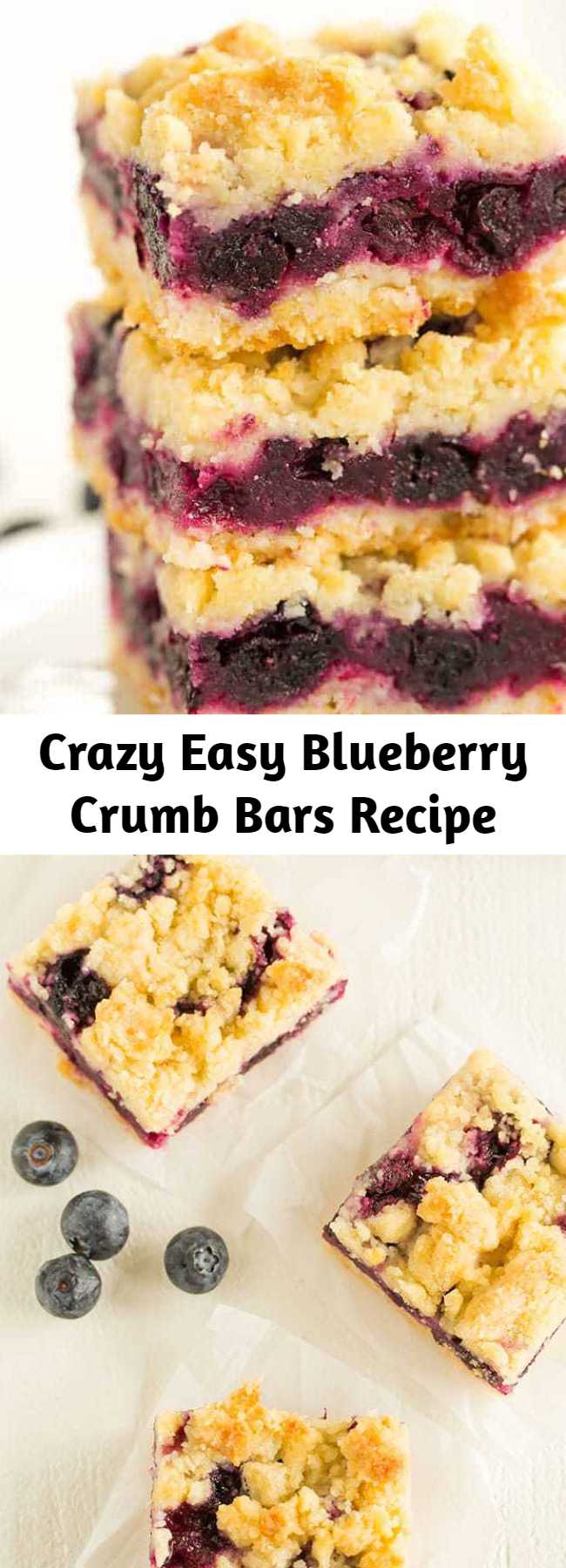 These blueberry crumb bars are crazy easy to make and could, dare I say, rival your favorite blueberry pie recipe. You can pick them up and eat them on the go, which makes them a perfect dessert for picnics and summer parties! #blueberrycrumbbars #crumbbars #blueberry #summerdessert #dessert