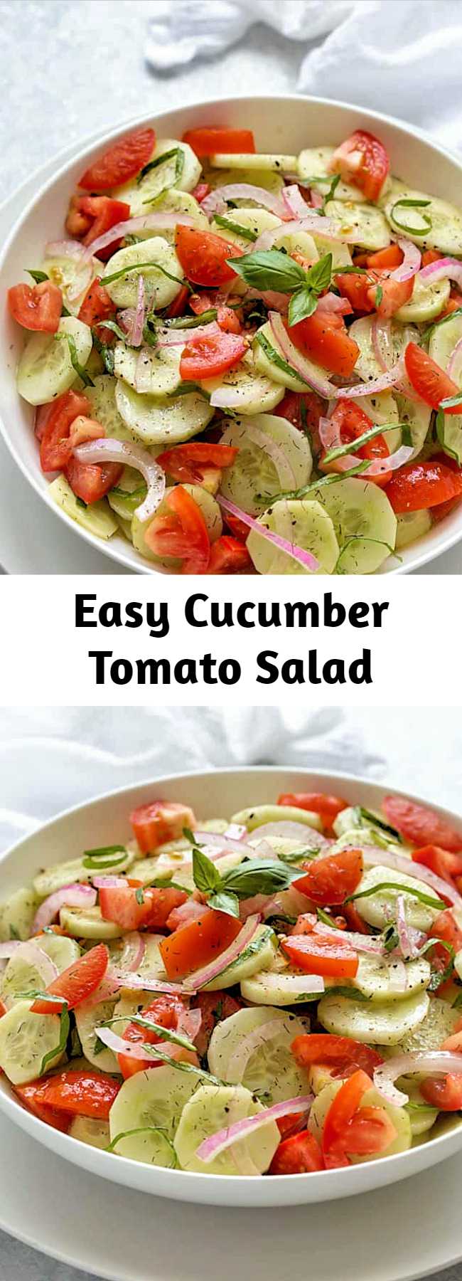 Vegan Gluten free · This Cucumber Tomato Salad seasoned with dill and fresh basil in a homemade vinaigrette is an easy, healthy and flavorful side salad!
