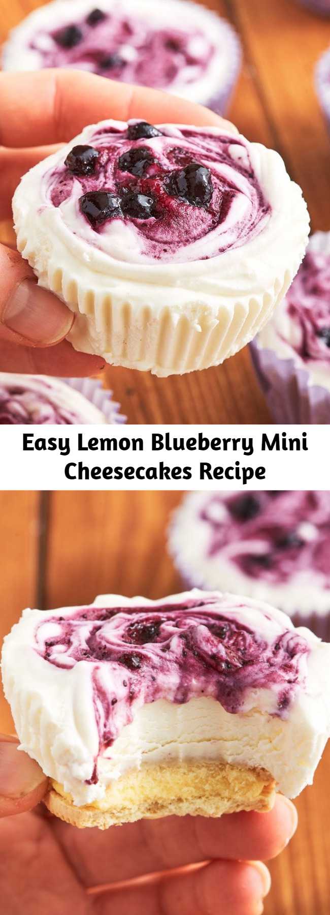 Easy Lemon Blueberry Mini Cheesecakes Recipe - These Lemon Blueberry Mini Cheesecakes are the perfect tiny dessert to satisfy your sweet tooth without going overboard. Sweet blueberry jam and tart lemon go together perfectly in these cheesecakes Mini cheesecakes, MASSIVE flavor. #lemon #blueberry #lemonblueberry #cheesecakes #minidesserts #cheesecakedesserts #partydesserts