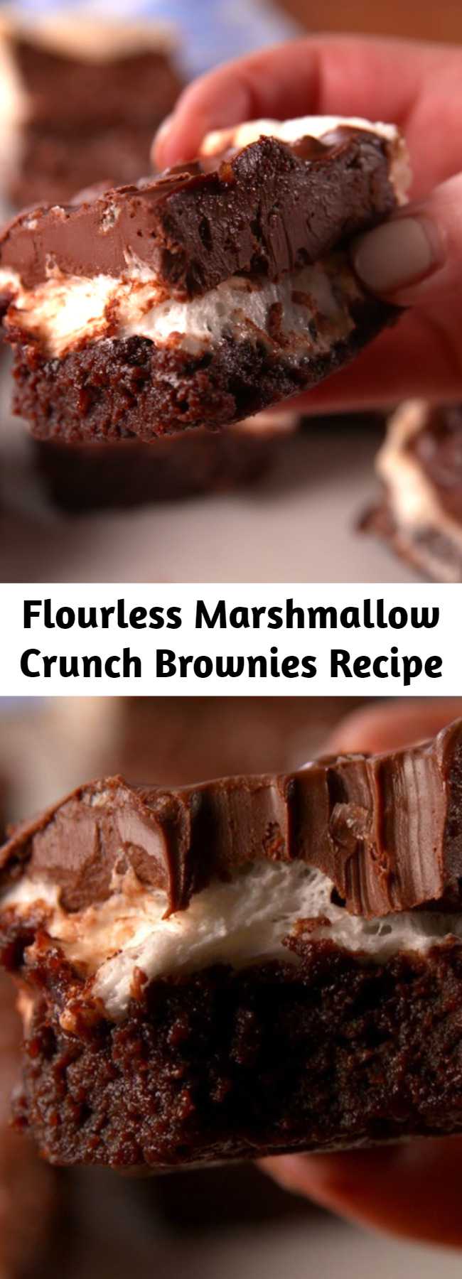 Flourless Marshmallow Crunch Brownies Recipe - Fudgy, chewy, and completely gluten-free. Super fudgy brownies topped with a layer of marshmallows and a chocolate, peanut butter and Rice Krispies mixture.
