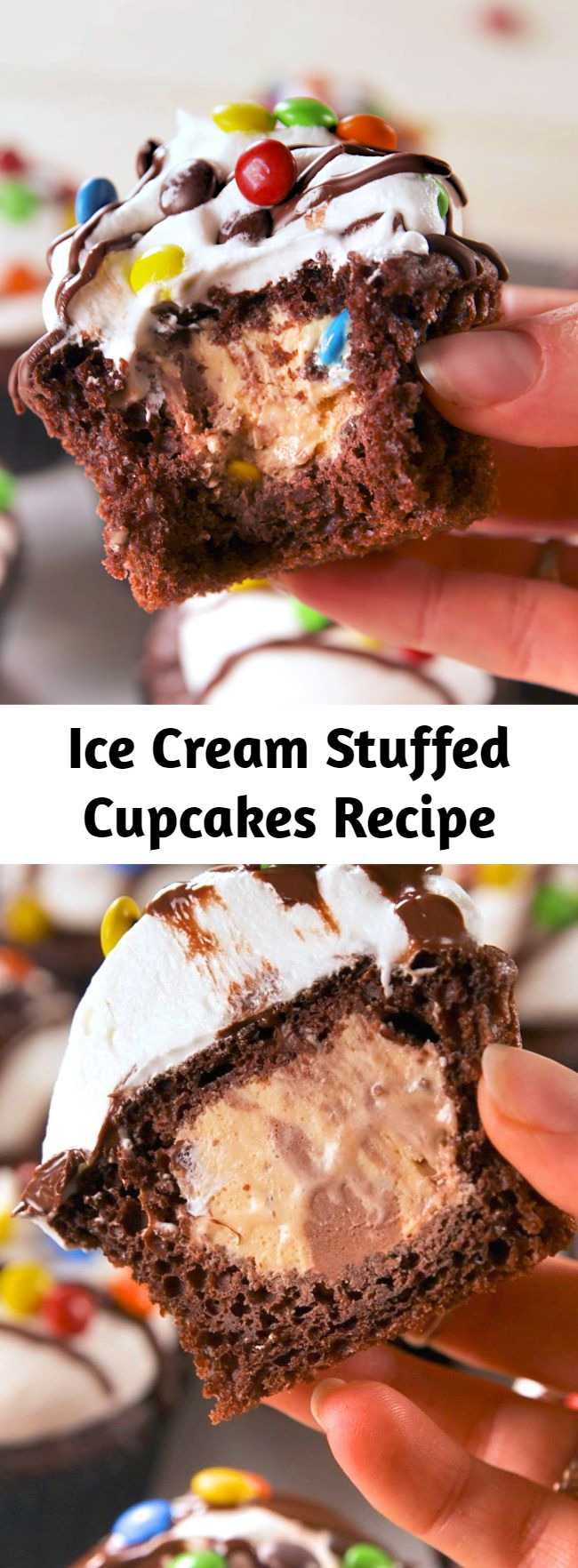 Cupcakes and ice cream all in one! It's easy to fill your favorite cupcakes with your favorite ice cream to make one easy to serve and eat party treat. The method is super easy - and the options for flavor combinations are endless! Nothing beats ice cream and cake. #easyrecipe #baking #cupcakes #dessert #icecream