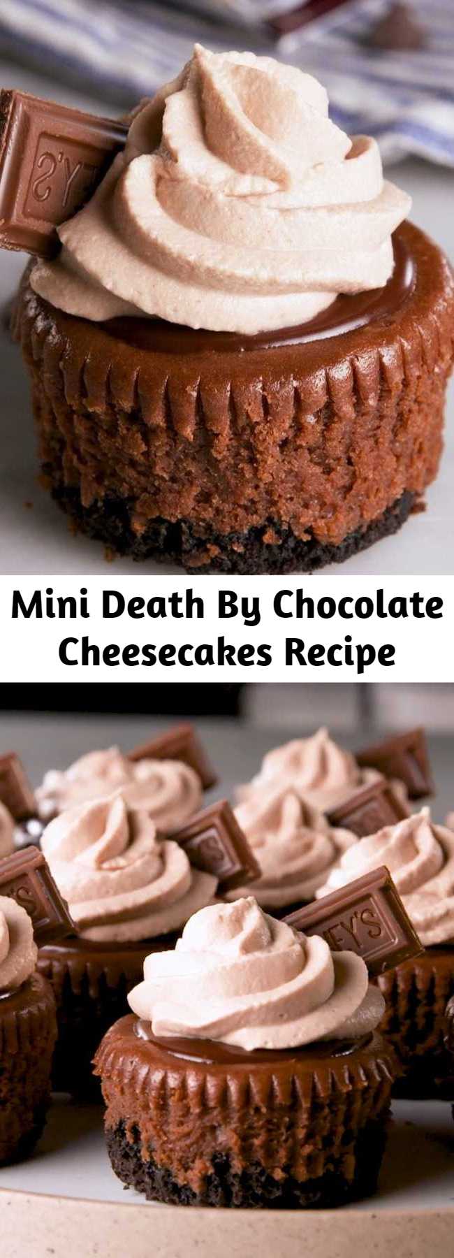 Mini Death By Chocolate Cheesecakes Recipe - Mini cheesecakes are the best way to get a party started...or rather, the best way to end one. Either way, death by chocolate is always the best of the best. These cupcakes are rich and creamy, and chocolate is involved from top to bottom. They're the perfect indulgence. #easy #recipe #mini #deathbychocolate #chocolate #cheesecake #ganache #creamcheese #baked #oreos