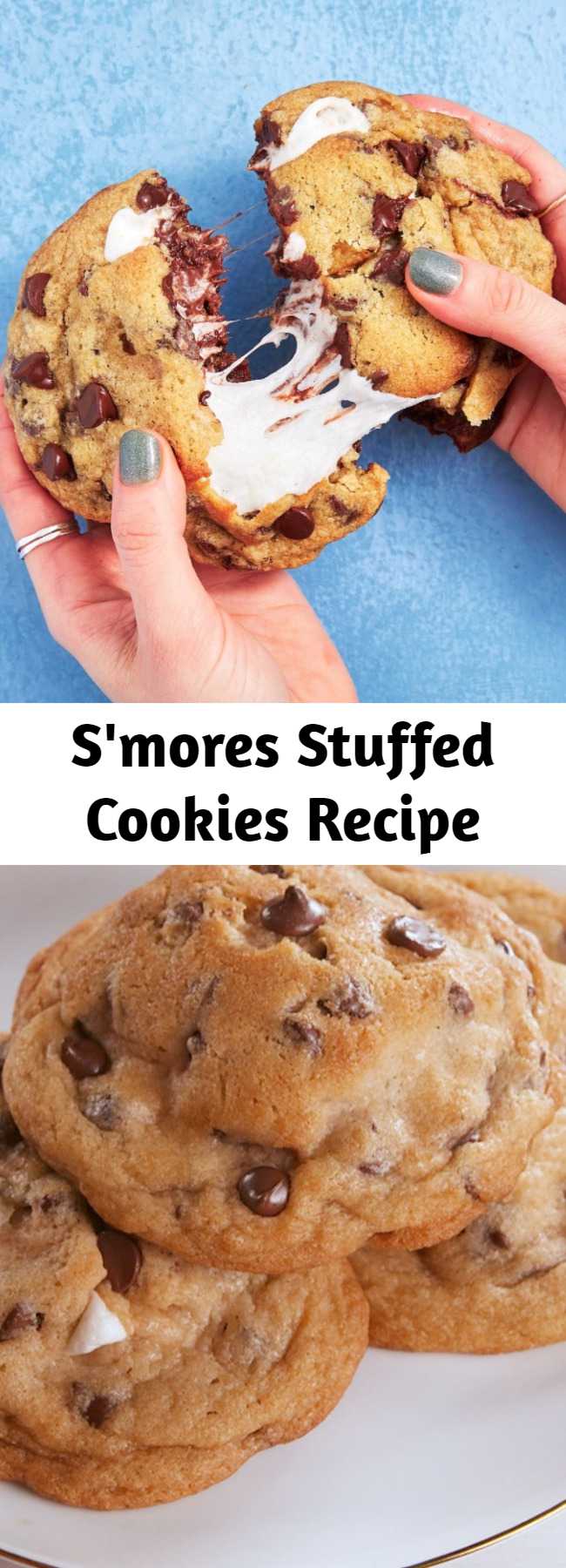 S'mores Stuffed Cookies Recipe - To insure your cookie doesn't turn into a big puddle with graham cracker poking out, refrigerate your cookies before you bake them. 10 to 15 minutes should do the trick — no longer than an hour though, or your marshmallows won't melt while baking! #easyrecipe #baking #smores #cookie #dessert