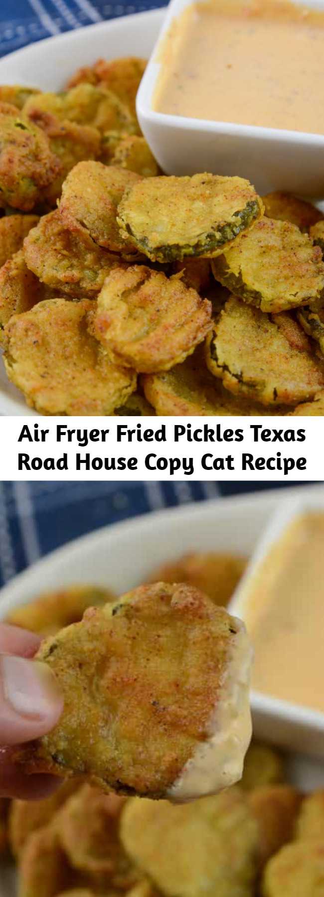 Air Fryer Fried Pickles Texas Road House Copy Cat Recipe - One of my favorites! This is a Texas Road House Copycat Fried Pickle recipe. To make it even better it is made right in the air fryer. Serve it as an appetizer as you root on your favorite team on Sunday night football, or a side dish paired next to a juicy hamburger. No matter how you serve up these gems, they are dynamite in flavor. #CopyCat #Airfryer #Appetizer #FriedPickles