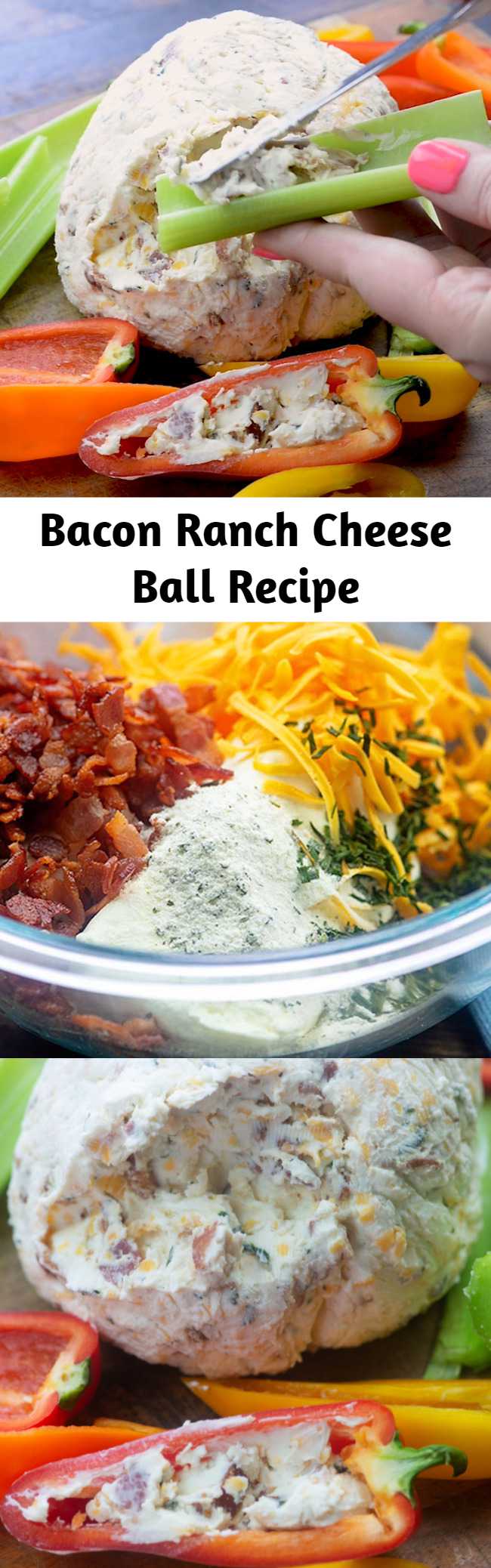 Bacon Ranch Cheese Ball Recipe - This bacon ranch cheese ball is perfect for serving friends and family! Add crackers for the carb lovers and serve it up with celery and sweet peppers for the low carb people! #lowcarb #keto #cheeseball #snack