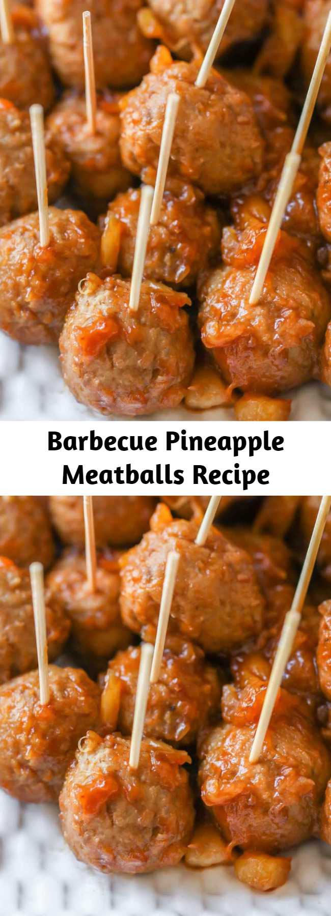 Barbecue Pineapple Meatballs Recipe - These Barbecue Pineapple Meatballs use just 3 ingredients - barbecue sauce, frozen meatballs, and crushed pineapple. They are perfect as an appetizer recipe for parties and get togethers or even a side dish for dinner.