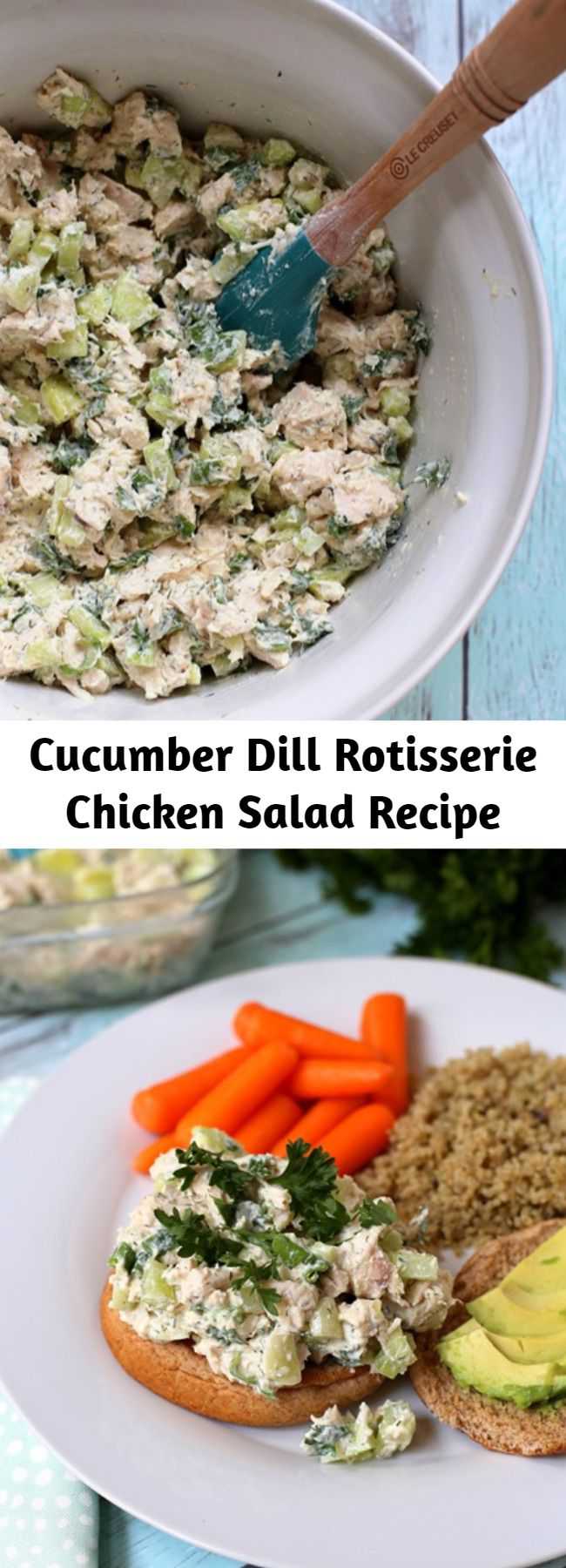 Cucumber Dill Rotisserie Chicken Salad Recipe - This recipe for lightened-up Cucumber Dill Greek Yogurt Rotisserie Chicken Salad comes together in less than 10 minutes and tastes like summer in a bowl thanks to crisp cucumber and flavorful herbs. Made with Greek yogurt, it’s a protein-packed salad that will fill you up without making you feel weighed down!